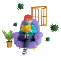 Self isolation boy reading a book corona virus 3d illustration rendering png