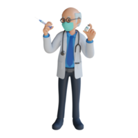 médecin senior masculin portant un masque tenant une illustration de personnage 3d d'injection de vaccin png