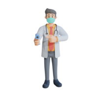 Male doctor wearing a mask holding thermogun 3d character illustration png