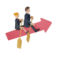 Businessman and woman riding an arrow-shaped boat character 3d character illustration png