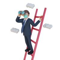 Businessman climbing stairs and looking with binoculars character wearing mask 3d character illustration png