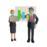 Businessman and woman presenting chart increment character wearing mask 3d character illustration png