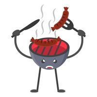 creative angary BBQ grill character cook meat .BBQ grill character isolated on white background. Vector illustration in flat style