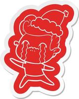 cartoon  sticker of a man crying wearing santa hat vector