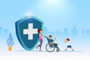Medical and health insurance for family accident and health protection. Kid running to man with broken leg in plaster cast on wheelchair and medical insurance shield. vector