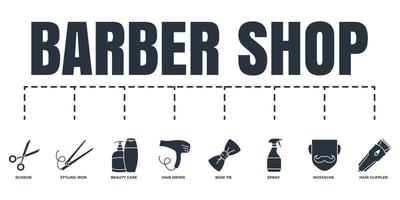 Barber shop banner web icon set. spray, mustache, scissor, hair dryer, hair clipper, bow tie, beauty care, styling iron vector illustration concept.