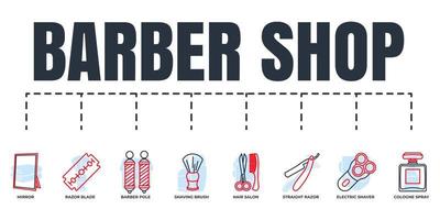 Barber shop banner web icon set. electric shaver, cologne spray, razor blade, mirror, hair salon, straight razor, barber pole, shaving brush vector illustration concept.