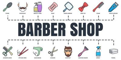 Barber shop banner web icon set. shaving razor, soap, towel, mustache, scissor, hair dryer and more vector illustration concept.