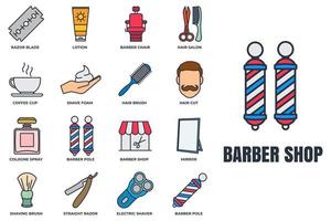 Barber shop banner web icon set. cologne spray, razor blade, mirror, lotion, barber pole, coffee cup and more vector illustration concept.