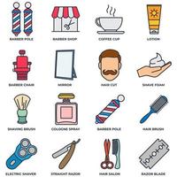 Barber shop banner web icon set. cologne spray, razor blade, mirror, lotion, barber pole, coffee cup and more vector illustration concept.