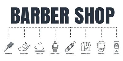 Barber shop banner web icon set. shave foam, barber chair, barber shop, hair brush, hair cut, lotion, barber pole, coffee cup vector illustration concept.