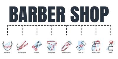 Barber shop banner web icon set. spray, mustache, scissor, hair dryer, hair clipper, bow tie, beauty care, styling iron vector illustration concept.