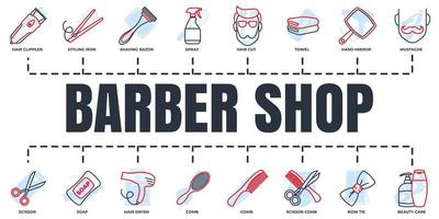 Barber shop banner web icon set. shaving razor, soap, towel, mustache, scissor, hair dryer and more vector illustration concept.