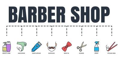 Barber shop banner web icon set. spray, mustache, scissor, hair dryer, hair clipper, bow tie, beauty care, styling iron vector illustration concept.