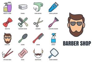 Conjunto de iconos web de banner de peluquería. maquinilla de afeitar, jabón, toalla, espejo de mano, bigote, tijera, secador de pelo y más concepto de ilustración vectorial. vector