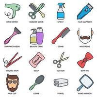 Barber shop banner web icon set. shaving razor, soap, towel, hand mirror, mustache, scissor, hair dryer and more vector illustration concept.