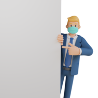 Businessman showing something on a blank white sheet character wearing mask 3d character illustration png