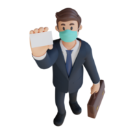 Businessman holding a business card character wearing mask 3d character illustration png