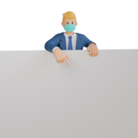 homme d'affaires montrant quelque chose sur une feuille blanche vierge personnage portant un masque illustration de personnage 3d png