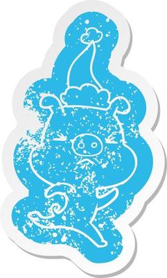 cartoon distressed sticker of a annoyed pig running wearing santa hat