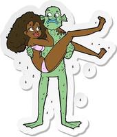 sticker of a cartoon swamp monster carrying woman in bikini vector