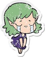 distressed sticker of a cartoon crying elf girl vector