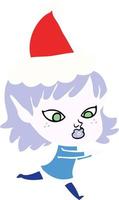 bonita ilustración en color plano de una niña elfa con gorro de Papá Noel vector