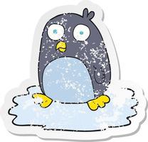 retro distressed sticker of a cartoon penguin on ice vector