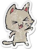 distressed sticker of a cartoon cat hissing vector