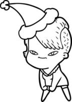 cute line drawing of a girl with hipster haircut wearing santa hat vector