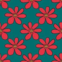 Groovy Smiling Hippie Flower seamless pattern. Positive 70s retro smiling daisy vector