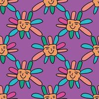 Groovy Smiling Hippie Flower seamless pattern. Positive 70s retro smiling daisy vector