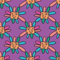 Groovy Smiling Hippie Flower seamless pattern. Positive 70s retro smiling daisy vector