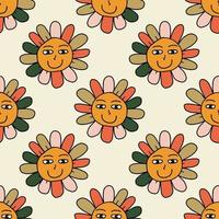 Groovy Smiling Hippie Flower seamless pattern. Positive 70s retro smiling daisy vector
