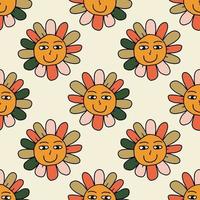 Groovy Smiling Hippie Flower seamless pattern. Positive 70s retro smiling daisy vector