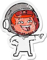 distressed sticker of a cartoon laughing astronaut vector