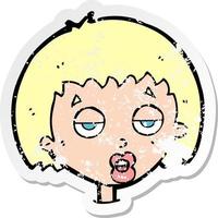 retro distressed sticker of a cartoon bored woman vector