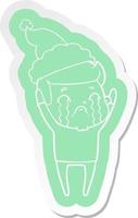 cartoon  sticker of a man crying wearing santa hat vector