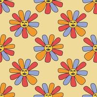 Groovy Smiling Hippie Flower seamless pattern. Positive 70s retro smiling daisy vector