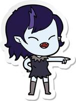 sticker of a cartoon vampire girl pointing and laughing vector