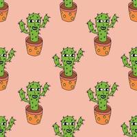 Cartoon doodle happy cactus seamless pattern. Floral background. Cute cartoon potted flower vector