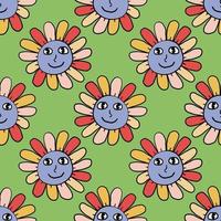 Groovy Smiling Hippie Flower seamless pattern. Positive 70s retro smiling daisy vector