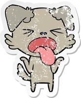 distressed sticker of a cartoon disgusted dog shrugging shoulders vector