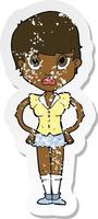 retro distressed sticker of a cartoon annoyed girl vector