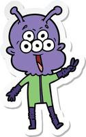 sticker of a happy cartoon alien waving peace gesture vector