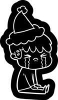cartoon icon of a boy crying wearing santa hat vector