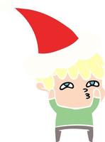 flat color illustration of a curious man wearing santa hat vector