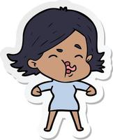 sticker of a cartoon girl pulling face vector