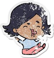 distressed sticker of a cartoon girl pulling face vector