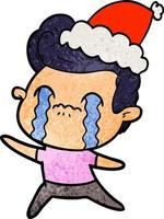 textured cartoon of a man crying wearing santa hat vector